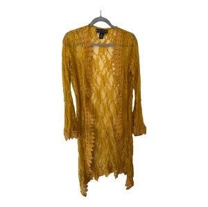 Polly & Esther Floral Lace Duster Length Kimono Size Medium Mustard Shade